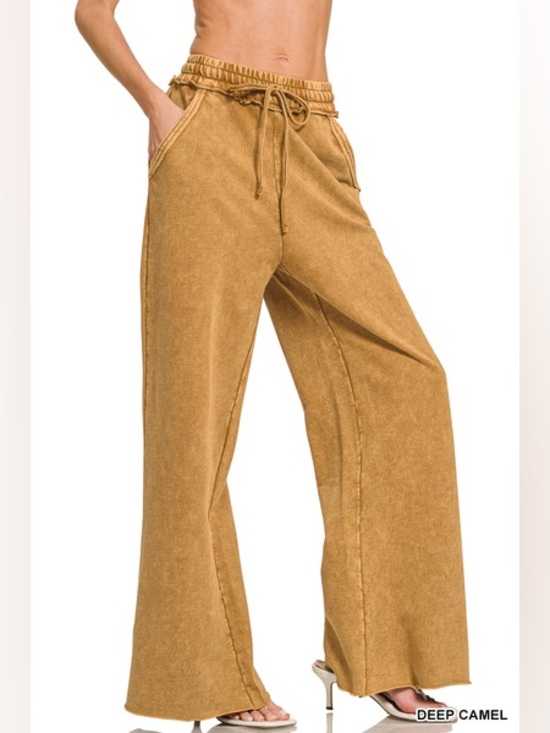 Zenana Outfitters Pants - Zenana French Terry Wide-Leg Pants in Deep Camel